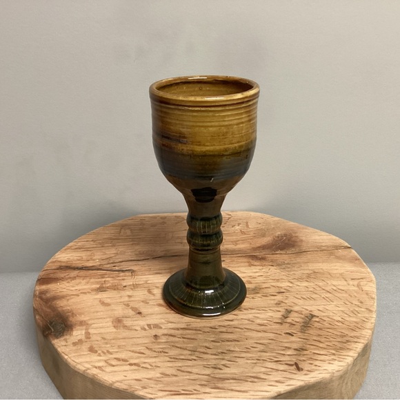 Beautiful Ceramic Crafted Goblet in deep greens & deep yellows - Very Nice - Picture 2 of 11